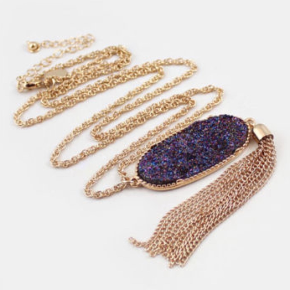 Long Tassel Gold Necklace Drusy stone slate